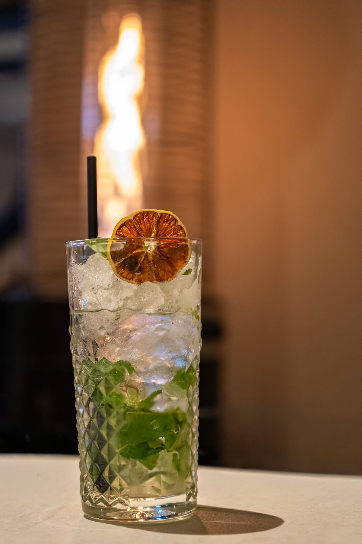 A mojito cocktail with fresh mint leaves, ice, and a dried citrus wheel garnish